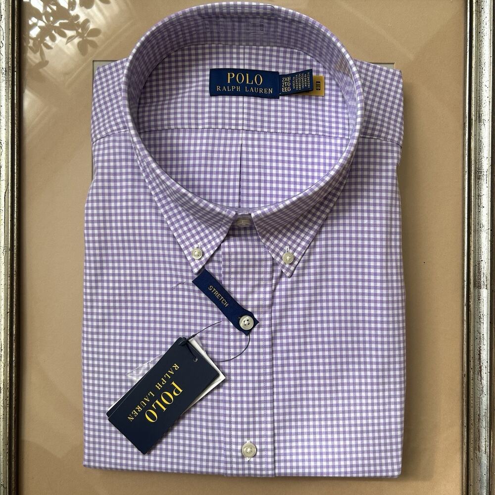 Polo Ralph Lauren Long Sleeve Gingham Lavender White Button Down Shirt Mens 2XB